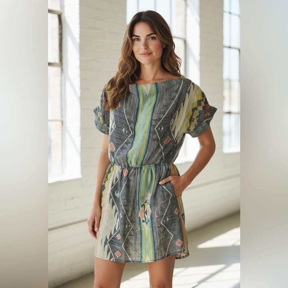 Aryn K 100%Silk Geometric Aztec print mini dress with scrappy back detail